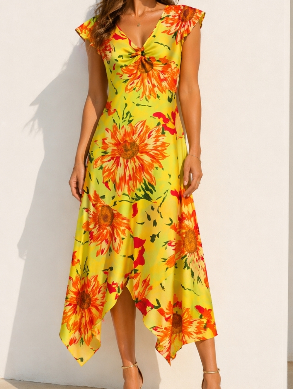 Vintage Floral Midi Dress Yellow Orange Sunflower Green Asymmetrical Hem Ruffle